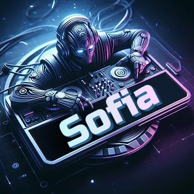 Estilo cyberpunk con DJ robot tocando, nombre en primer plano con iluminación neón. - Sofia