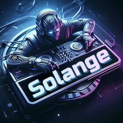 Estilo cyberpunk con DJ robot tocando, nombre en primer plano con iluminación neón. - Solange