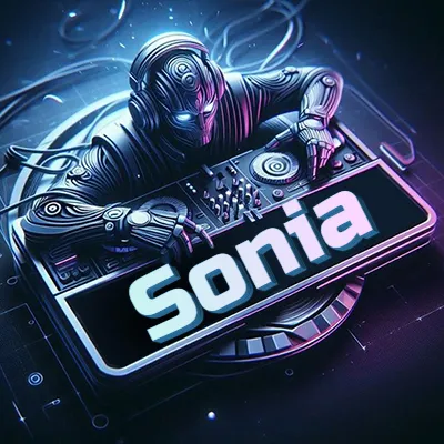 Estilo cyberpunk con DJ robot tocando, nombre en primer plano con iluminación neón. - Sonia