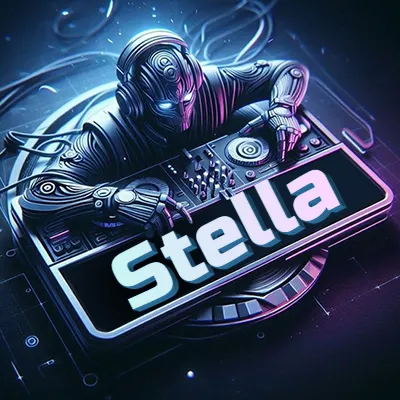 Estilo cyberpunk con DJ robot tocando, nombre en primer plano con iluminación neón. - Stella
