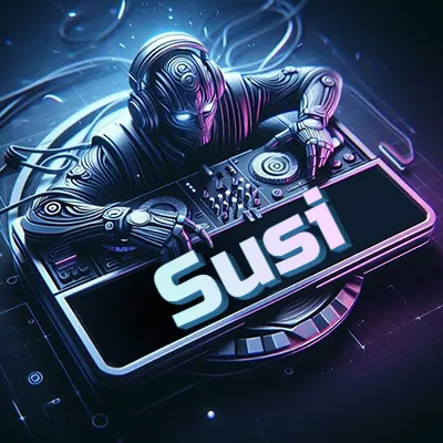 Estilo cyberpunk con DJ robot tocando, nombre en primer plano con iluminación neón. - Susi