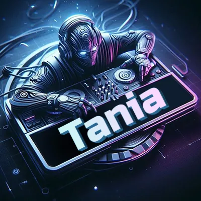 Estilo cyberpunk con DJ robot tocando, nombre en primer plano con iluminación neón. - Tania