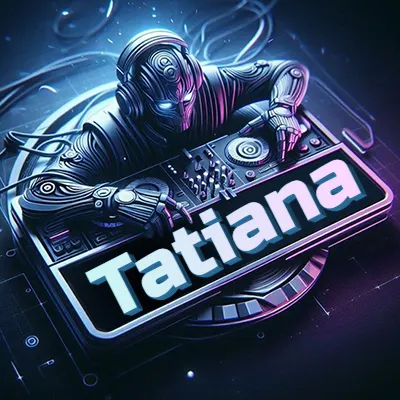 Estilo cyberpunk con DJ robot tocando, nombre en primer plano con iluminación neón. - Tatiana