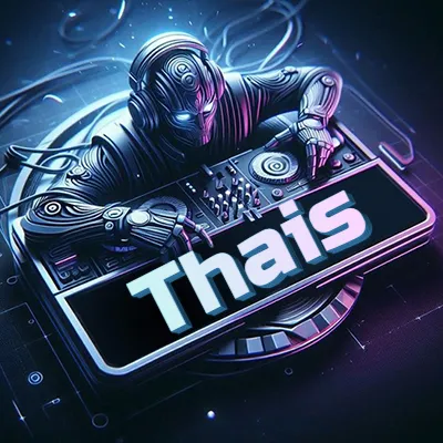 Estilo cyberpunk con DJ robot tocando, nombre en primer plano con iluminación neón. - Thais Estilo cyberpunk con DJ robot tocando, nombre en primer plano con iluminación neón. - Thais