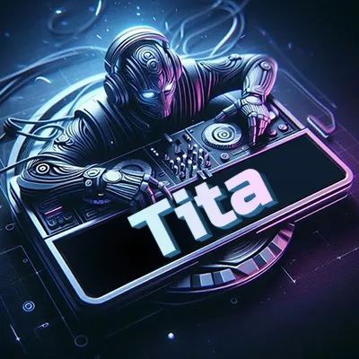 Estilo cyberpunk con DJ robot tocando, nombre en primer plano con iluminación neón. - Tita