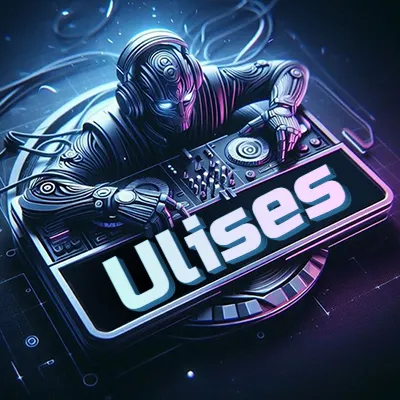 Estilo cyberpunk con DJ robot tocando, nombre en primer plano con iluminación neón. - Ulises