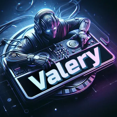 Estilo cyberpunk con DJ robot tocando, nombre en primer plano con iluminación neón. - Valery