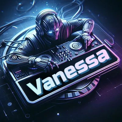 Estilo cyberpunk con DJ robot tocando, nombre en primer plano con iluminación neón. - Vanessa