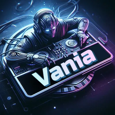 Estilo cyberpunk con DJ robot tocando, nombre en primer plano con iluminación neón. - Vania