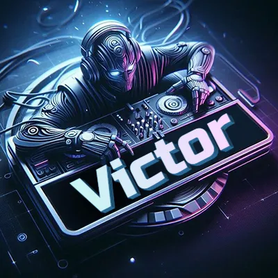 Personaje DJ robot con diseño futurista, usando auriculares y parado frente a una consola de música avanzada que emite luz azul neón y cables conectados. El nombre Victor está escrito en 3D destacado sobre la consola de música en la parte frontal de la imagen.