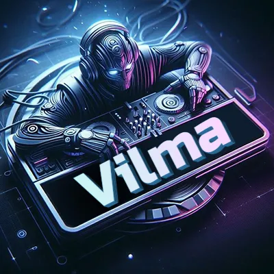 Estilo cyberpunk con DJ robot tocando, nombre en primer plano con iluminación neón. - Vilma