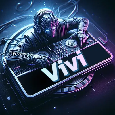 Personaje DJ robot con diseño futurista, usando auriculares y parado frente a una consola de música avanzada que emite luz azul neón y cables conectados. El nombre Vivi está escrito en 3D destacado sobre la consola de música en la parte frontal de la imagen.