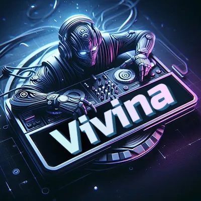Estilo cyberpunk con DJ robot tocando, nombre en primer plano con iluminación neón. - Vivina