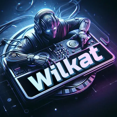 Estilo cyberpunk con DJ robot tocando, nombre en primer plano con iluminación neón. - Wilkat Estilo cyberpunk con DJ robot tocando, nombre en primer plano con iluminación neón. - Wilkat