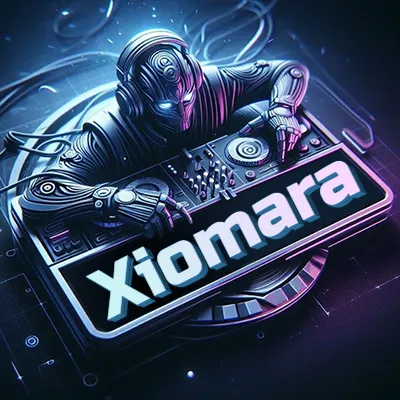 Estilo cyberpunk con DJ robot tocando, nombre en primer plano con iluminación neón. - Xiomara Estilo cyberpunk con DJ robot tocando, nombre en primer plano con iluminación neón. - Xiomara