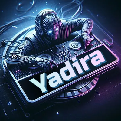 Estilo cyberpunk con DJ robot tocando, nombre en primer plano con iluminación neón. - Yadira
