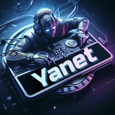 Personaje DJ robot con diseño futurista, usando auriculares y parado frente a una consola de música avanzada que emite luz azul neón y cables conectados. El nombre Yanet está escrito en 3D destacado sobre la consola de música en la parte frontal de la imagen.