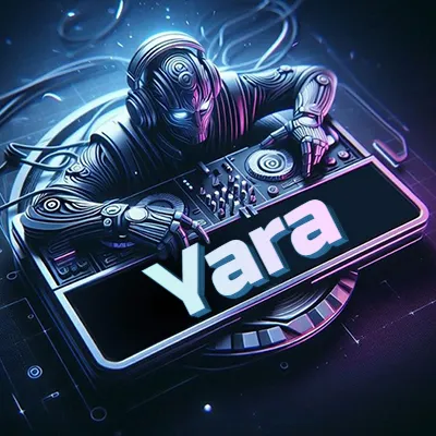 Estilo cyberpunk con DJ robot tocando, nombre en primer plano con iluminación neón. - Yara