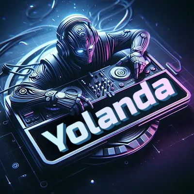 Estilo cyberpunk con DJ robot tocando, nombre en primer plano con iluminación neón. - Yola
