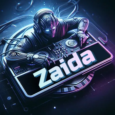 Estilo cyberpunk con DJ robot tocando, nombre en primer plano con iluminación neón. - Zaida