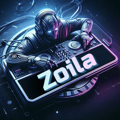 Estilo cyberpunk con DJ robot tocando, nombre en primer plano con iluminación neón. - Zoila